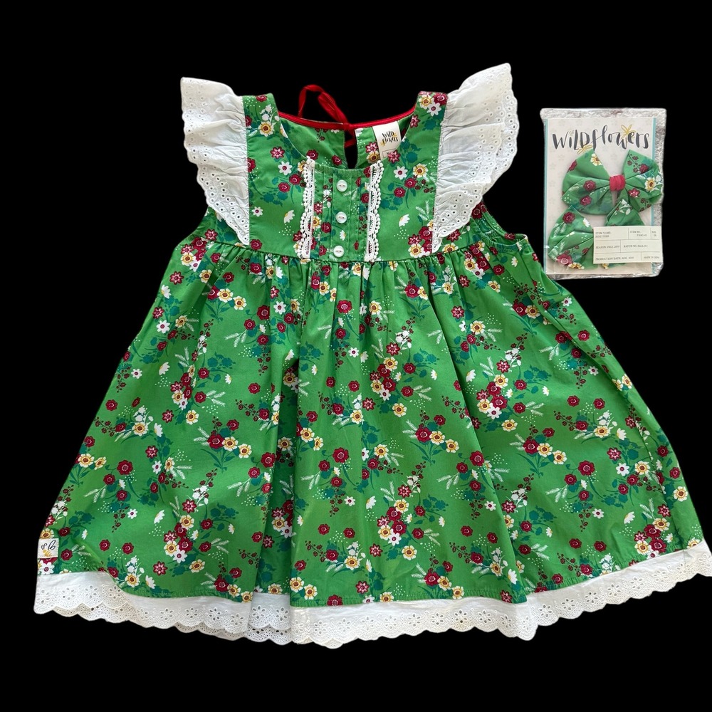 Wildflowers Green Floral tunic Christmas Eyelet Lace Trim + bows‎ Girls Size 10